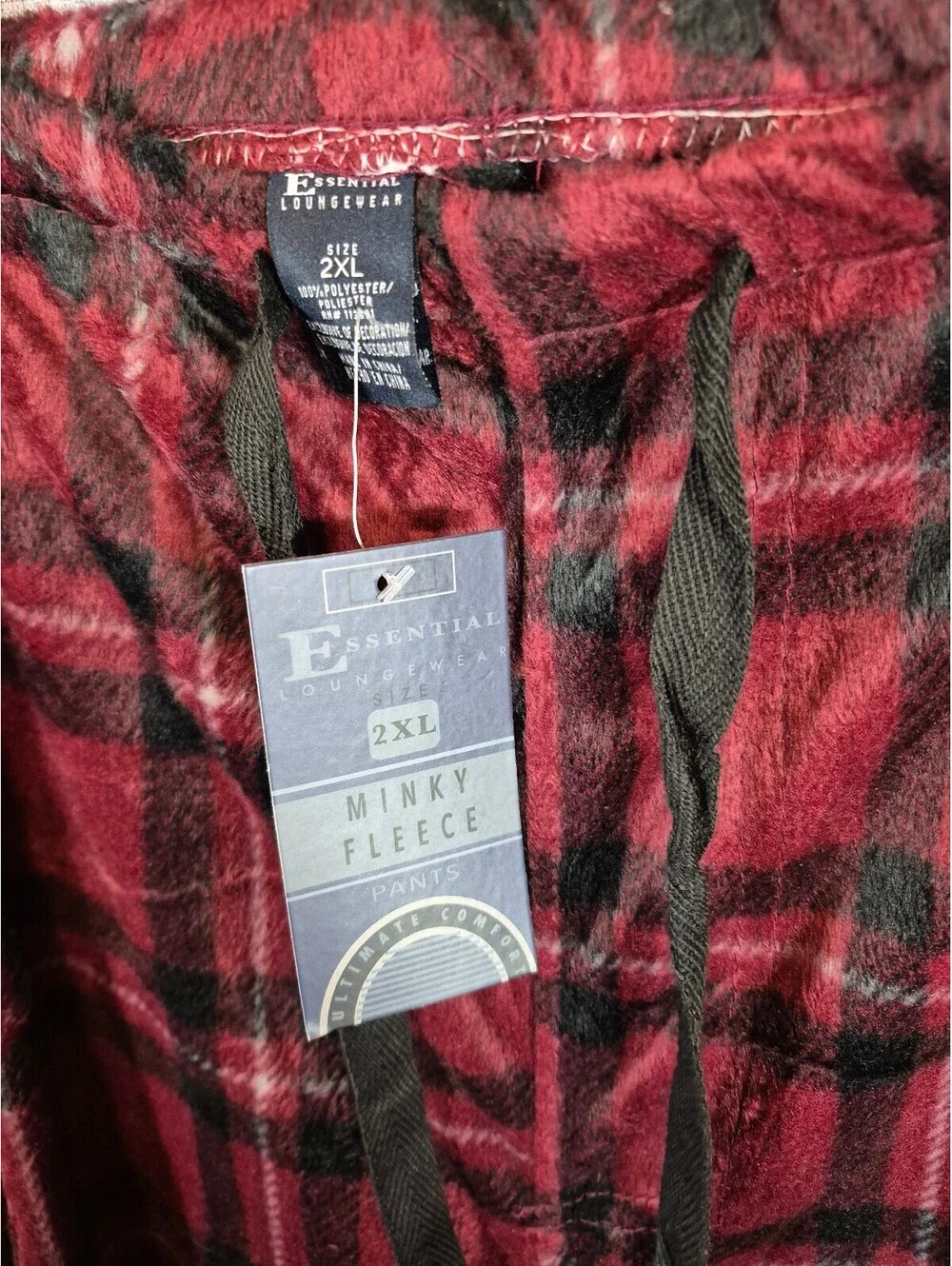 Essential Loungewear Men’s Red Black Plaid Minky Fleece Pajama Pants 2XL NWT